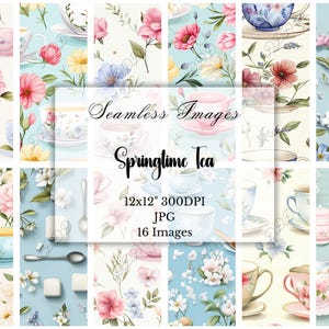 以下が含まれることがあります： ティーカップ、花、砂糖のかたまりがパステルカラーのカラーパレットで描かれた、シームレスなパターン16個のデジタルペーパーパック。パターンは12x12インチ、300DPIです。