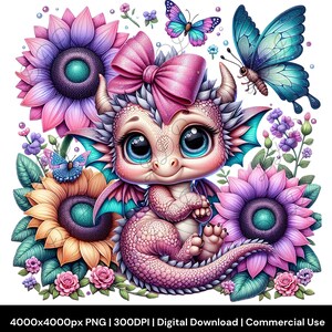 Niedliches Baby Dragon Sublimationsdruck PNG, Pink Frühling Glitzer Drache mit Sonnenblumen, Schmetterlingen & Schleife, Fantasy Clipart, Becher, T-Shirts