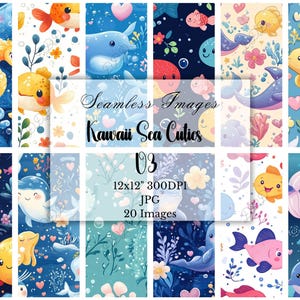Kawaii Sea Animals Digital Paper Pack, Cute Ocean Animals , Commercial Use, 20 Seamless JPGs, Scrapbook, Journal, Collage, Digital Download