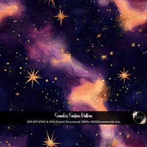Motivo celeste senza soluzione di continuità viola e oro scintillante: sfondo galassia, motivo per superfici, JPG + PNG, 12x12, download digitale, uso commerciale