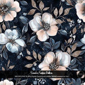 Puede incluir: Patrón de superficie sin costuras con flores de acuarela en tonos blanco, rosa y azul, con detalles de purpurina dorada sobre un fondo azul marino oscuro. El diseño incluye hojas y elementos florales. El texto "Seamless Surface Pattern" está en la parte inferior.