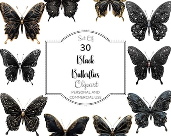 Clipart papillon noir : graphiques de papillons gothiques ornés, PNG de fond Transparent, esthétique sombre, téléchargement numérique, usage Commercial