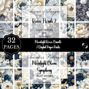 May include: A digital paper pack featuring floral designs in shades of white, blue, and gold. The image includes the text "Seamless Images Rococo Florals 2" and "Moonlight Rococo Bundle". The pack contains 32 pages of 12x12 inch, 300 DPI JPG images.