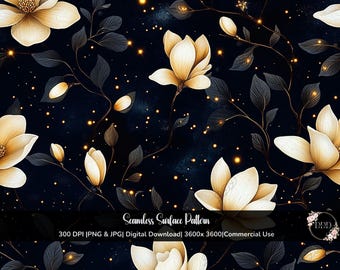 Cream & Navy Floral Seamless Pattern: Celestial Flower Background, Surface Pattern, JPG + PNG, 12x12, Digital Download, Commercial Use