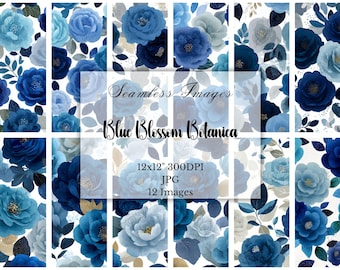 Blue & Gray Floral Digital Paper: Flower Seamless Patterns, Commercial Use, Scrapbooking, Paper Crafting, Digital Download