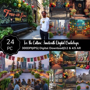 May include: A collage of digital backdrops with Juneteenth themes. The images include outdoor scenes with balloons, benches, and text that reads "Free-ish Since 1865" and "Happy Juneteenth". The collection is a digital download.