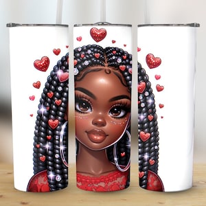 Black Girl Red Hearts PNG, 20oz Skinny Tumbler Wrap, Download digitale, PNG a sublimazione, Uso commerciale, PNG per San Valentino, Trecce rosse