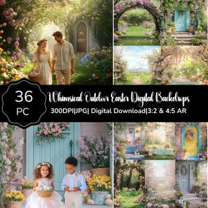 May include: A set of 36 digital backdrops featuring whimsical outdoor Easter scenes. The backdrops include a variety of settings, such as a flower-covered archway, a blue door with a wreath, and a path leading through a garden. The backdrops are perfect for creating festive Easter photos.