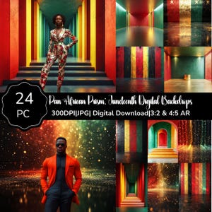 May include: A digital download product featuring 24 Pan African Prism Juneteenth backdrops. The image showcases diverse scenes with models in vibrant settings, including red, yellow, and green color schemes. The product is available in 3:2 and 4:5 aspect ratios.