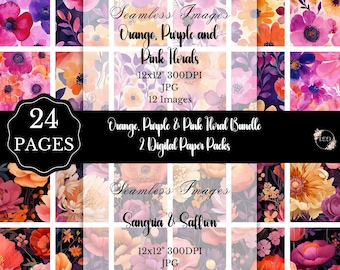Floral Digital Paper Bundle: Orange, Purple, Pink Seamless Patterns (Digital Download, Commercial Use)