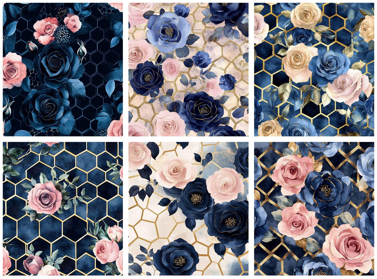 Navy Blue and Blush Pink Floral Digital Paper, Honeycomb Roses ...