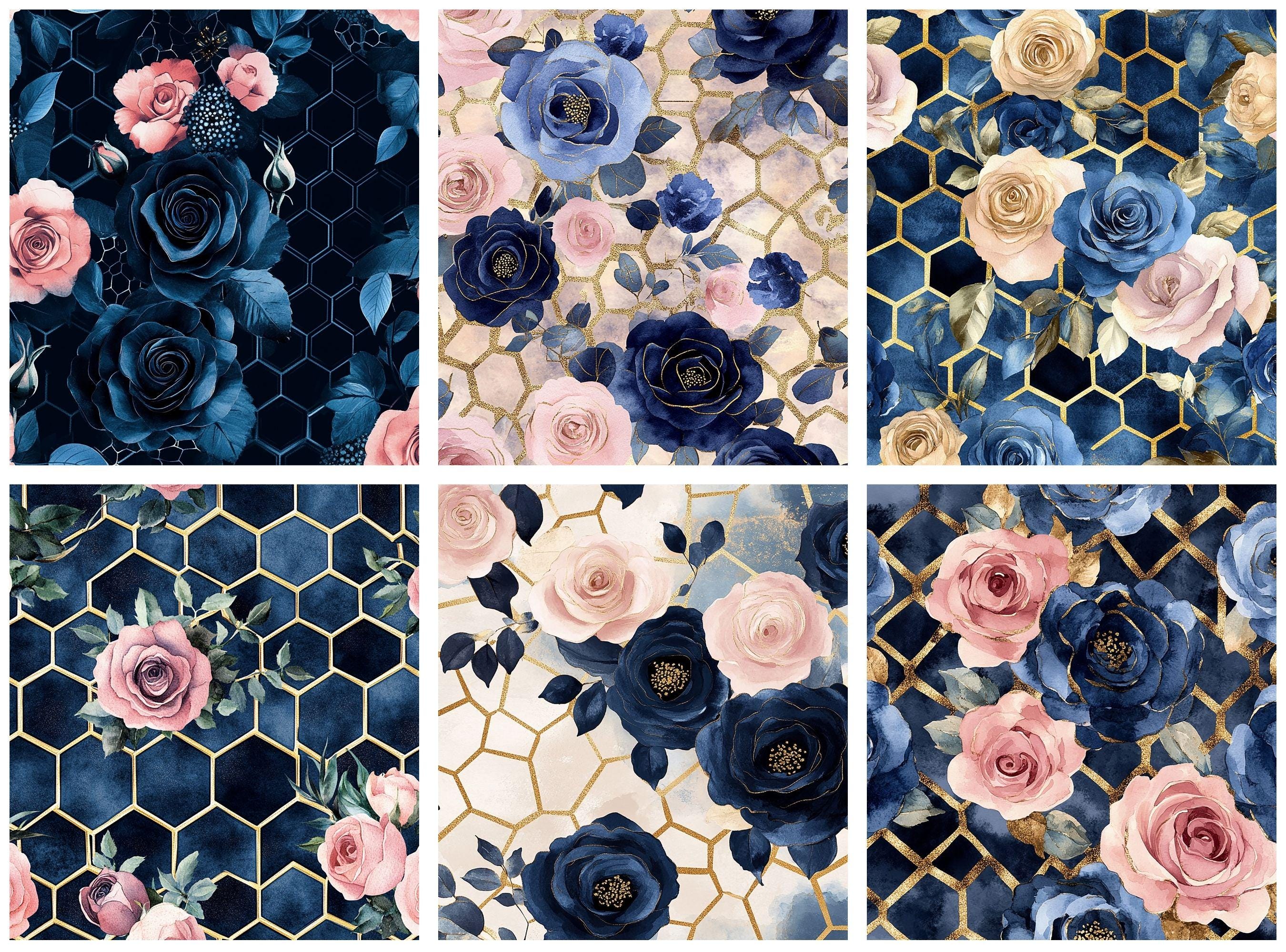 Navy Blue and Blush Pink Floral Digital Paper, Honeycomb Roses ...