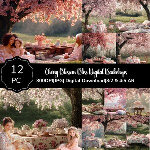 Cherry Blossom Digital Backdrop, Springtime Digital Backgrounds, Tea Party Photography Backdrop, Commercial Use, 12JPG, 2 Aspect Ratios