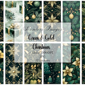 Carta digitale natalizia verde e oro, decorazioni per alberi, 12 JPG senza soluzione di continuità, uso commerciale, diario, album, collage, download digitale