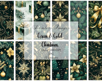 May include: A collection of 12 seamless Christmas images in green and gold. The designs include gift boxes, ornaments, floral patterns, and Christmas trees. The images are 12x12 inches at 300 DPI.