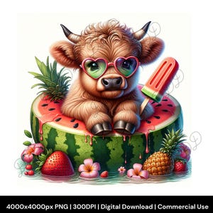 Watermelon Highland Cow PNG, Summer Cow Clip Art, Commercial Use, Sublimation PNG, Transparent Background, 300 DPI, Digital Download