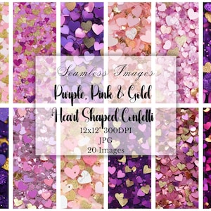 Pacote de papel digital confete em formato de coração roxo rosa dourado, fundos de coração sem costura, scrapbooking, convites, uso comercial, 20 JPG