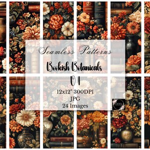 May include: A collection of seamless patterns featuring floral and botanical designs with a vintage aesthetic. The patterns include images of flowers, vases, and books in shades of orange, red, and cream against a dark background. The text "Seamless Patterns Bookish Botanicals 01" is visible.