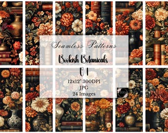 Dark Academia Floral Digital Paper: Vintage Bookish Backgrounds, Seamless Scrapbook Paper Patterns, Digital Download