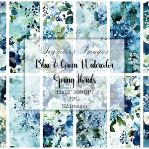 Paquet de papier numérique fleurs printanières aquarelle bleue et verte, 32 images transparentes, usage commercial, collage, scrapbooking, journal intime, arrière-plans
