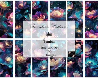 Teal & Purple Floral Digital Paper: Luminous Watercolor Flower Seamless Patterns, Scrapbook Paper, Commercial Use, Digital Download