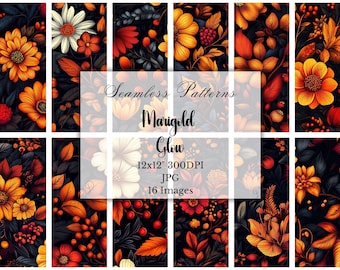 Autumn Floral Digital Paper: Orange & Yellow Seamless Scrapbook Paper Patterns (Digital Download, Commercial Use)