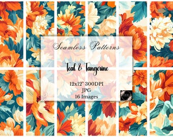 Teal & Orange Digital Paper: Seamless Patterns, Commercial Use, Scrapbooking, Crafting, Digital Download