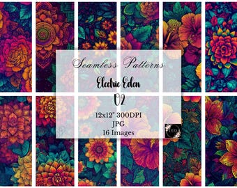 Colorful Psychedelic Floral Digital Paper: Neon Rainbow  Flowers Seamless Patterns, Commercial Use, Scrapbooking, Crafting, Digital Download
