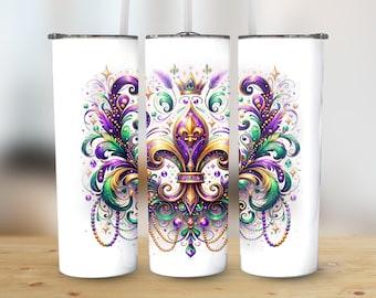 Fleur De Lis PNG, Mardi Gras PNG, 20oz Tumbler Wrap, Sublimation PNG, Digital Download, Feathers & Beads, New Orleans, Purple Gold Green
