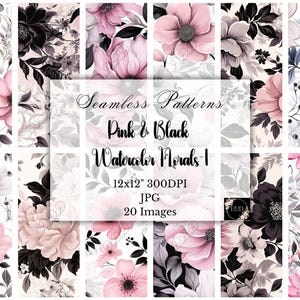 Pink & Black Watercolor Floral Digital Paper: Seamless Patterns, Commercial Use, Scrapbook Paper, Crafting, Digital Download