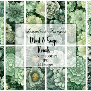 Op de afbeelding: Twaalf naadloze digitale papierpatronen met mintgroene en saliegroene bloemenontwerpen. De patronen zijn 12 inch bij 12 inch en 300 DPI.