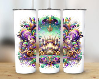 Mardi Gras PNG, 20oz Skinny Tumbler Wrap, Digital Design, Sublimation PNG, Commercial Use, New Orleans, Purple Gold Green, Fat Tuesday