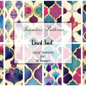 May include: A collection of 16 seamless patterns with a watercolor design. The patterns feature a variety of shapes in shades of blue, purple, pink, and gold. The text "Seamless Patterns Desert Jewel" is displayed in the center.