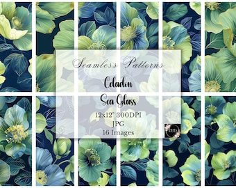 Navy & Green Floral Digital Paper: Seaglass Flowers Seamless Patterns, Commercial Use, Scrapbooking, Paper Crafting, Digital Download
