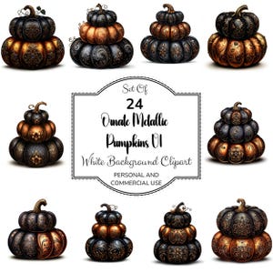 Può includere: Una collezione di zucche metalliche ornate in varie tonalità di nero, oro e rame. Ogni zucca è impilata e presenta motivi decorativi intricati. L'immagine include il testo "Set Of 24 Ornate Metallic Pumpkins 01".