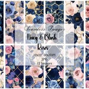 Peut inclure: Douze motifs de papier numérique sans couture représentant des roses bleu marine et rose poudré avec des accents géométriques dorés. Les motifs mesurent 30,48 cm sur 30,48 cm et 300 DPI.