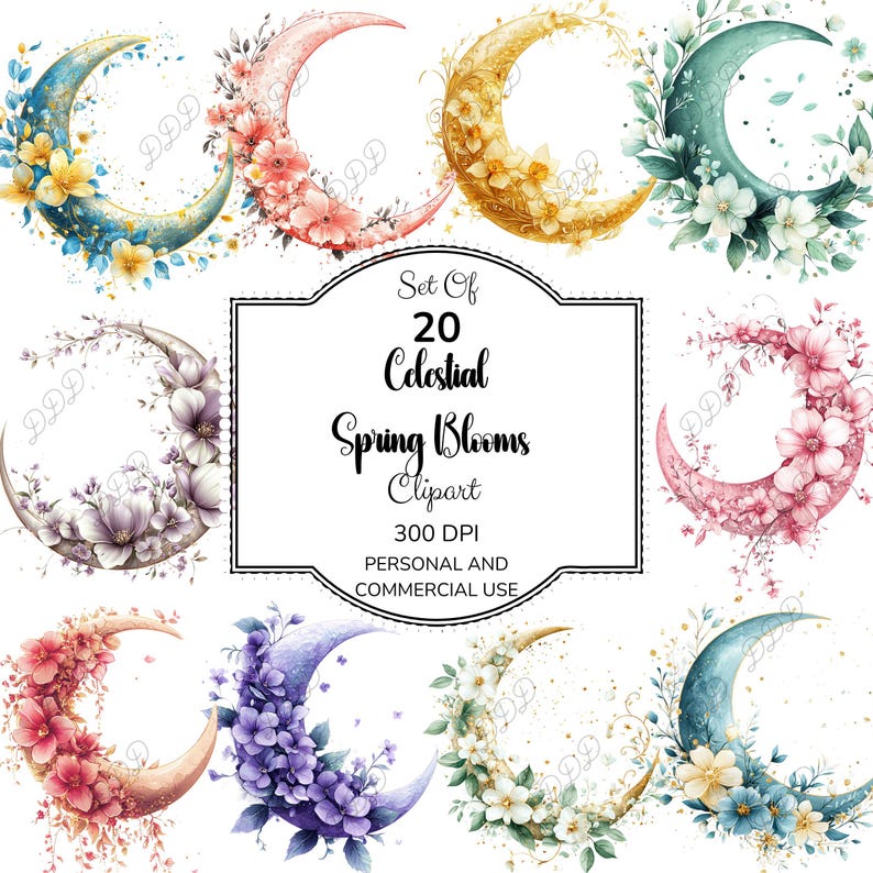 Celestial Spring Moon Clip Art, Pastel Watercolor Moons & Flowers PNG ...