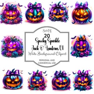 May include: A collection of 9 digitally rendered, vibrant Jack O'Lanterns with glowing orange faces, adorned with purple bows and surrounded by flowers. The image includes the text "Set Of 20 Spooky Sparkle Jack O'Lanterns UI White Background Clipart".