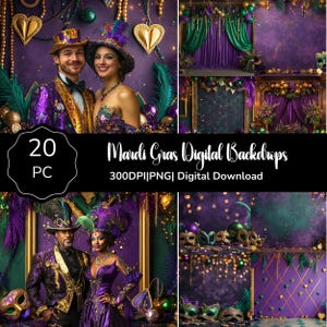 Puede incluir: 20 fondos digitales de Mardi Gras en un collage. Los fondos presentan colores morados, verdes y dorados con cuentas, máscaras y plumas de Mardi Gras. El texto "Mardi Gras Digital Backdrops" y "300DPI|PNG| Descarga digital" se muestra en el collage.