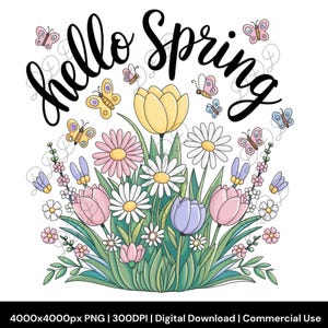 May include: A digital illustration of a bouquet of colorful flowers with butterflies and the text "hello spring".
