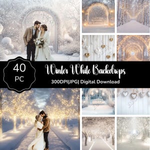 May include: A set of 40 winter white backdrops, perfect for photographers and digital artists. The backdrops feature a variety of winter scenes, including snowy forests, archways, and a wooden wall with hearts. The backdrops are 300 DPI and are available for digital download.
