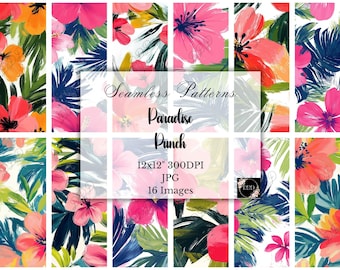 Tropical Pink Hibiscus Floral Digital Paper: Summer Botanical Seamless Patterns, Commercial Use, Scrapbooking, Crafting, Digital Download