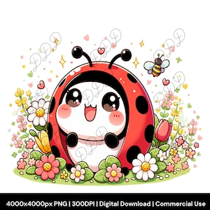 Coccinella kawaii con fiori in formato PNG, arte digitale di insetti carini, cartoni animati per la cameretta dei bambini, decorazioni primaverili con insetti, coccinella primaverile, maglietta, bicchiere, tazze