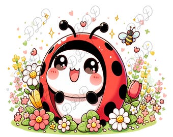Coccinella kawaii con fiori in formato PNG, arte digitale di insetti carini, cartoni animati per la cameretta dei bambini, decorazioni primaverili con insetti, coccinella primaverile, maglietta, bicchiere, tazze