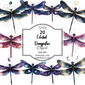 Clipart libellule céleste, 20 PNG insecte cosmique, ailes de galaxie, étoiles de lune mystique, usage commercial, 300 ppp, fond Transparent
