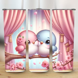 Pájaros del amor PNG, envoltura delgada para vaso de 20 oz, pájaros rosados y azules, PNG de sublimación, uso comercial, descarga digital, PNG del día de San Valentín,