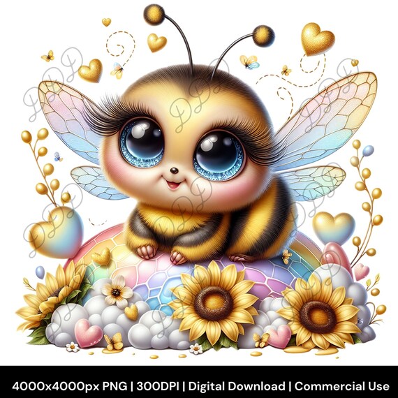 Kawaii Bee PNG, Sunflowers Rainbow Honeybee, Clip Art, Sublimation PNG, 300DPI, Transparent Background, Digital Download, Commercial Use