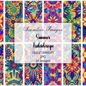 Bright Psychedelic Mandala Digital Paper, Summer Kaleidoscope, 16 Seamless JPGs, Scrapbook, Journal, Commercial Use, Digital Download