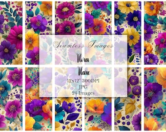 Jewel Tone Floral Digital Paper: Bold Summer Flower Backgrounds, Seamless Patterns, Scrapbook Paper, Digital Download, Commercial Use