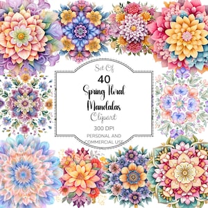Ensemble de cliparts mandalas floraux printaniers, 40 fichiers PNG, téléchargement numérique, usage commercial, 300 DPI, Pâques, fête des mères, fleurs de printemps